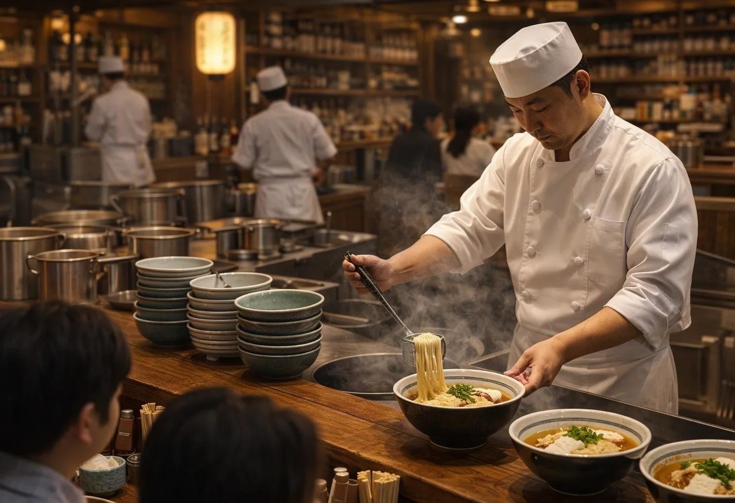 Steaming bowl of ramen with noodles, egg and pork in warm light